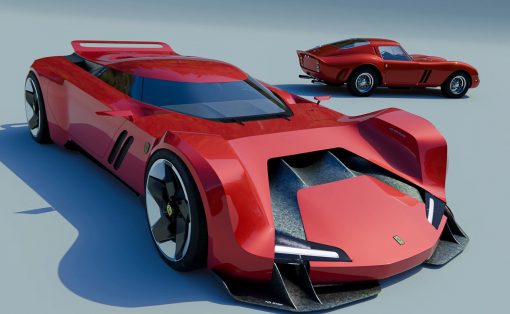 Close-up view of a red futuristic sports car with dramatic aero details, on a pale surface, with a classic red race car in the distance.