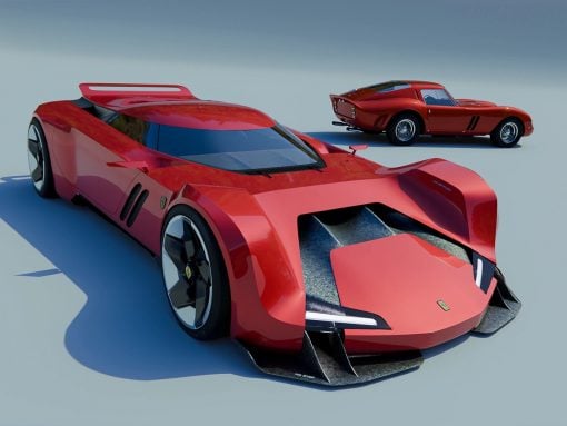 Close-up view of a red futuristic sports car with dramatic aero details, on a pale surface, with a classic red race car in the distance.