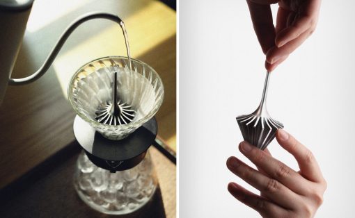 Split image: left side shows a gooseneck kettle pouring hot water into a conical coffee filter over a glass carafe; right side shows hands holding and separating a multi-layered, folded metal object.