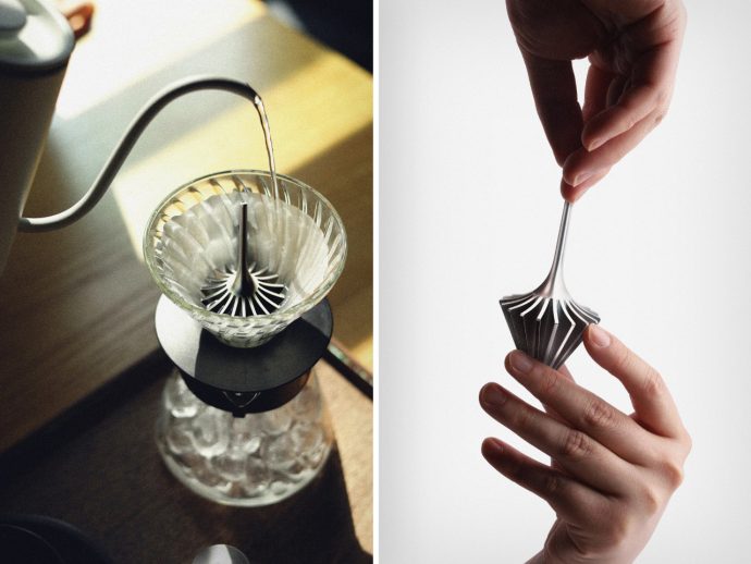 Split image: left side shows a gooseneck kettle pouring hot water into a conical coffee filter over a glass carafe; right side shows hands holding and separating a multi-layered, folded metal object.