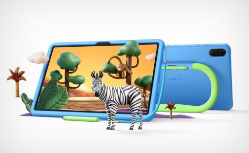 Blue tablet with a safari scene on screen: a zebra in the foreground, a monkey in a tree, and a neon-green stylus nearby.