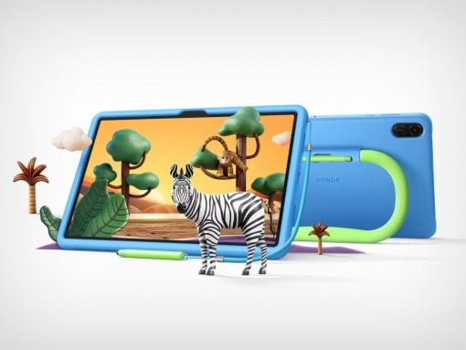 Blue tablet with a safari scene on screen: a zebra in the foreground, a monkey in a tree, and a neon-green stylus nearby.
