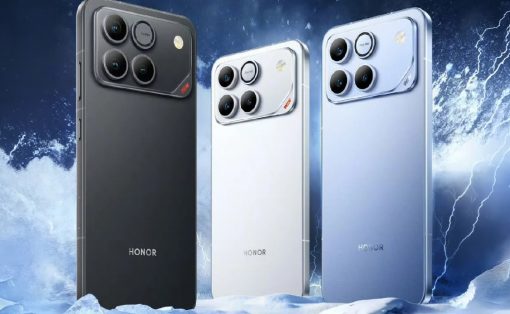 Three Honor smartphones in black, white, and blue stand upright against a snowy, stormy backdrop in ice and snow.