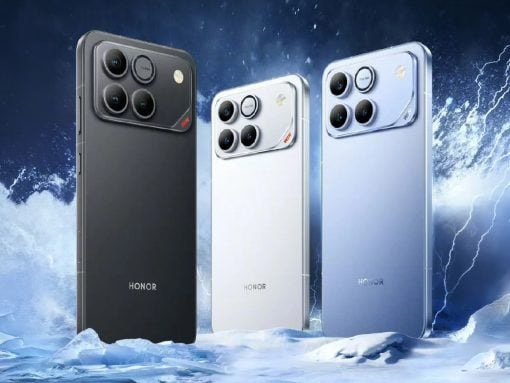 Three Honor smartphones in black, white, and blue stand upright against a snowy, stormy backdrop in ice and snow.