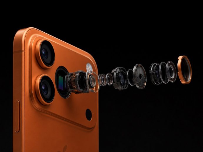 Exploded view of an orange iPhone camera, showing lenses and internal components lined up in space against a black background and a phone edge on the left.