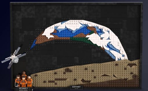 LEGO mosaic of a spacecraft over a rocky desert, titled Earthset Artemis II, with four astronauts minifigures at bottom left and a satellite on the left edge
