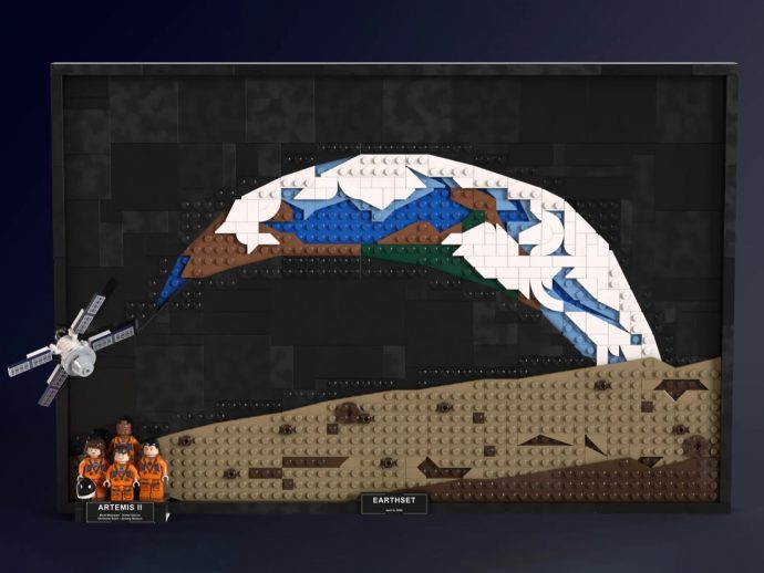 LEGO mosaic of a spacecraft over a rocky desert, titled Earthset Artemis II, with four astronauts minifigures at bottom left and a satellite on the left edge