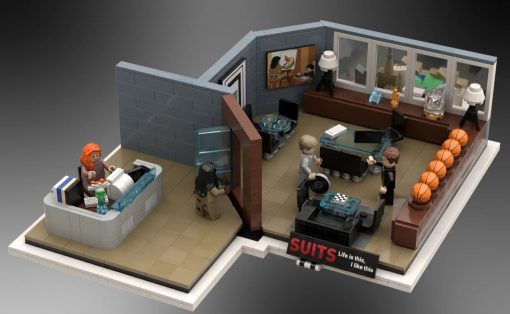 LEGO office diorama showing a modern open workspace with a glass desk, basketballs along a bench, and two coworkers conversing near a conference area labeled SUITS Life is this, I like this