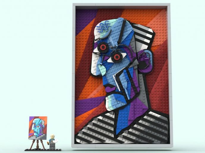 Large framed LEGO mural of a geometric blue portrait with an orange-purple background.