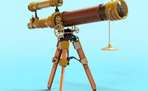 LEGO telescope on a wooden tripod with gold accents against a light blue background, pointing to the right.
