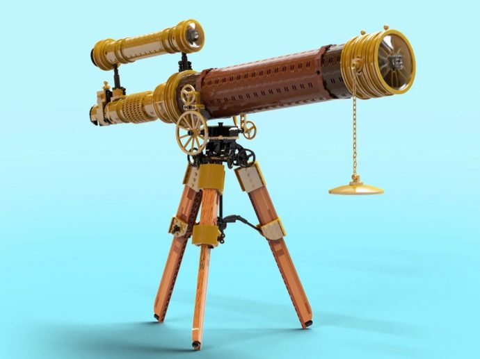 LEGO telescope on a wooden tripod with gold accents against a light blue background, pointing to the right.