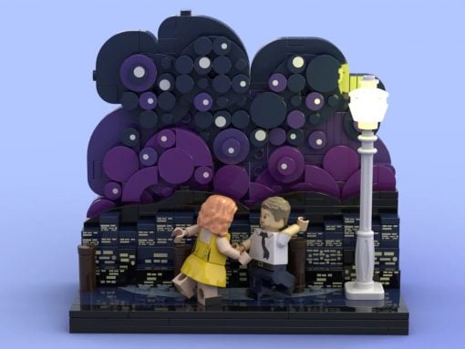 LEGO scene of a man in a white shirt and tie dancing with a woman in a yellow dress on a brick platform beside a tall street lamp, against a purple circular backdrop.