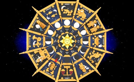 Circular zodiac wheel with gold-and-blue segments, zodiac symbols around a sun at the center against a starry black background.