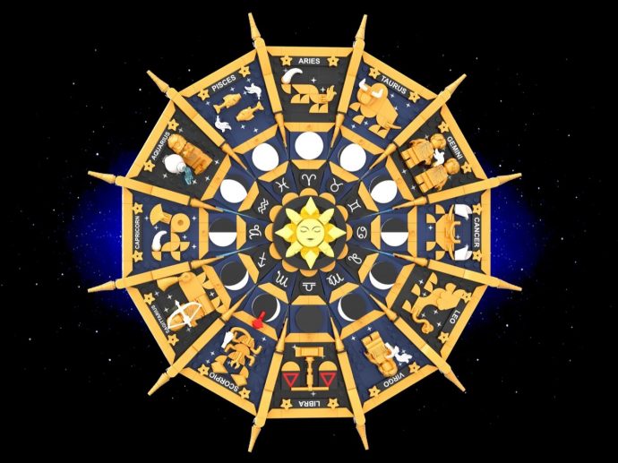 Circular zodiac wheel with gold-and-blue segments, zodiac symbols around a sun at the center against a starry black background.