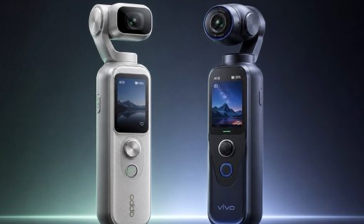 Two handheld gimbal cameras with built-in screens, Oppo on the left and Vivo on the right, in a studio setup.