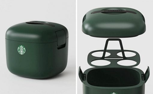 Green Starbucks-branded storage case with a removable insert and lid, shown closed on the left and exploded on the right to reveal inner compartments.