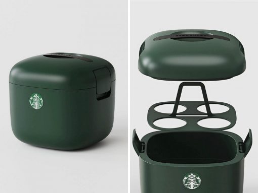 Green Starbucks-branded storage case with a removable insert and lid, shown closed on the left and exploded on the right to reveal inner compartments.