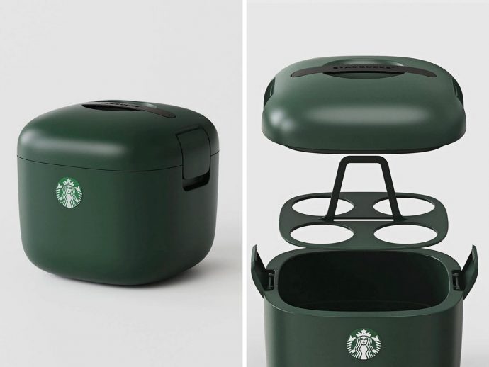 Green Starbucks-branded storage case with a removable insert and lid, shown closed on the left and exploded on the right to reveal inner compartments.