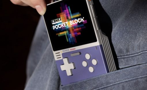 Retro handheld gaming console poking out of denim pocket, screen shows colorful 'Pocket Block' graphic and KonKR branding.