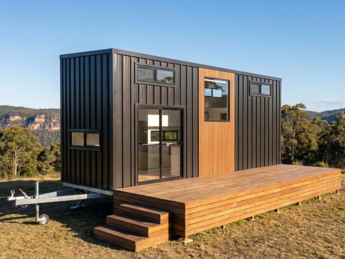 Modern tiny house on a trailer with black metal siding, wooden deck, and steps in a rural landscape.