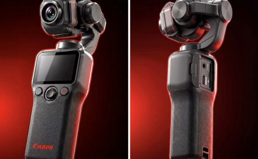Canon handheld 3-axis camera gimbal with mounted camera, front view against a red gradient background.