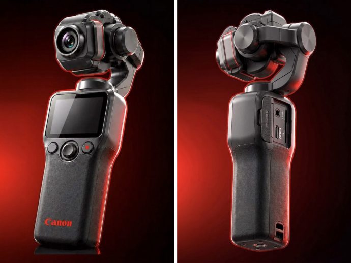 Canon handheld 3-axis camera gimbal with mounted camera, front view against a red gradient background.