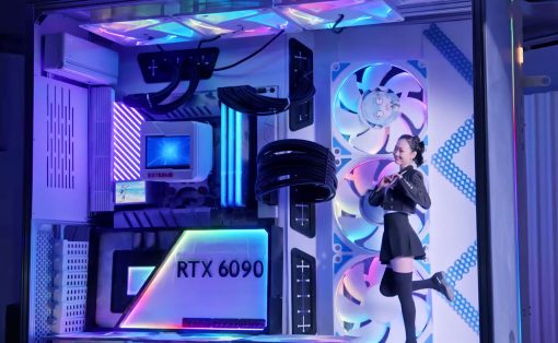 Person in a black outfit posing inside a neon-lit custom gaming PC case featuring an RTX 6090 graphics card and large cooling fans.