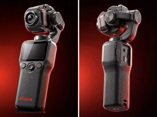 Canon handheld gimbal with a mounted camera, shown from the front against a red glow