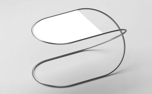 Abstract close-up of a metallic stethoscope coiled into looping shapes on a gray background, minimal and modern.