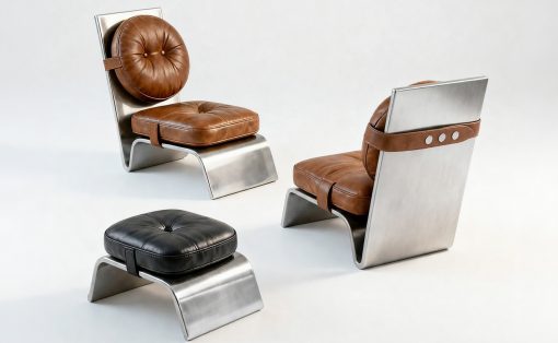 Set of three mid-century modern metal lounge chairs with tufted brown and black leather cushions on a white studio background.