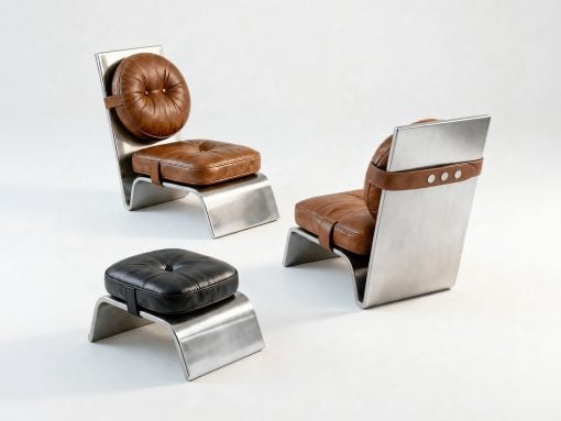 Set of three mid-century modern metal lounge chairs with tufted brown and black leather cushions on a white studio background.