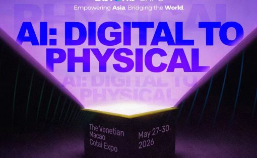 Poster for Beyond Expo: 'AI: Digital to Physical,' May 27–30, 2026 at The Venetian Macao Cotai Expo; website www.beyondeexpo.com.