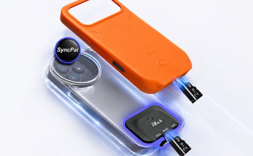 Concept render of a modular smartphone with a bright orange protective shell and a transparent body showing blue-lit inner modules, including a circular SyncPal badge near the camera area and blue glowing connector rails at the bottom.