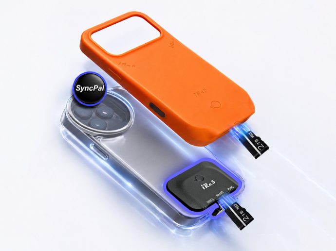 Concept render of a modular smartphone with a bright orange protective shell and a transparent body showing blue-lit inner modules, including a circular SyncPal badge near the camera area and blue glowing connector rails at the bottom.