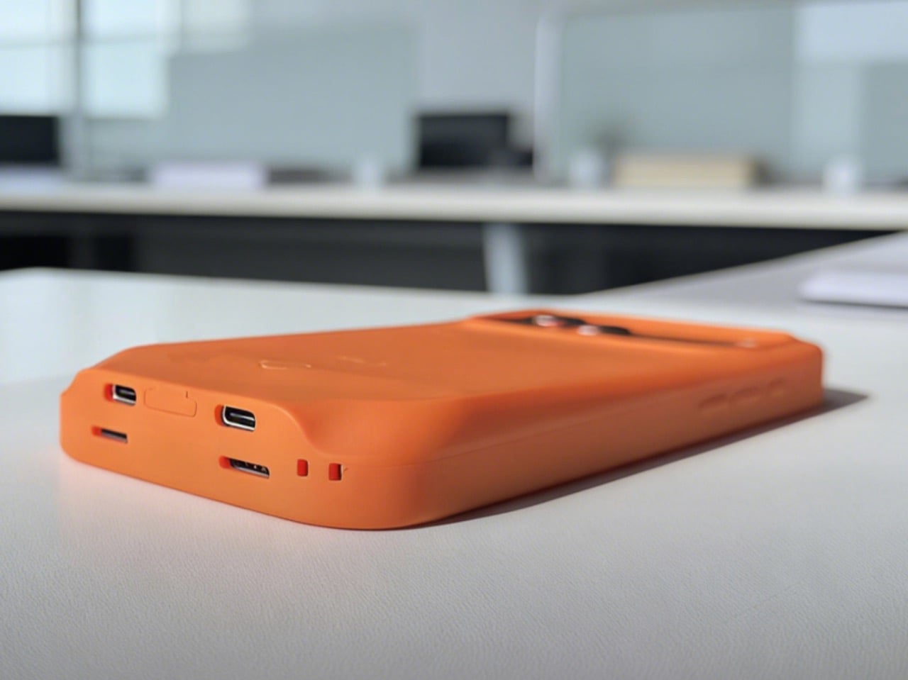 Orange portable charger lying on a white desk with visible USB-C and USB-A ports on the side, in an office setting.