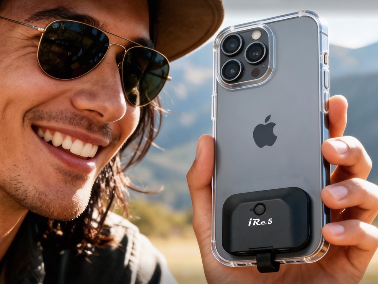 Smiling man wearing sunglasses holds up a smartphone with triple camera lenses in a clear protective case outdoors at the camera.