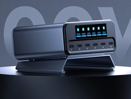 Six-port USB-C charging dock with a blue LED status panel showing per-port wattage on a rounded stand.