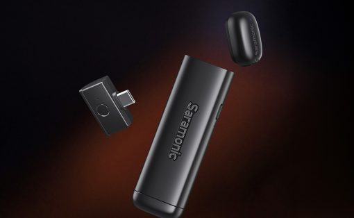 Saramonic wireless microphone kit with a charging case, a USB-C receiver, and a compact transmitter floating against a dark gradient background.
