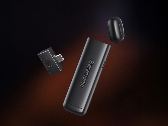 Saramonic wireless microphone kit with a charging case, a USB-C receiver, and a compact transmitter floating against a dark gradient background.