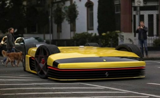 Upside-down yellow Ferrari-style sports car on a city street, with pedestrians and a photographer in the background.