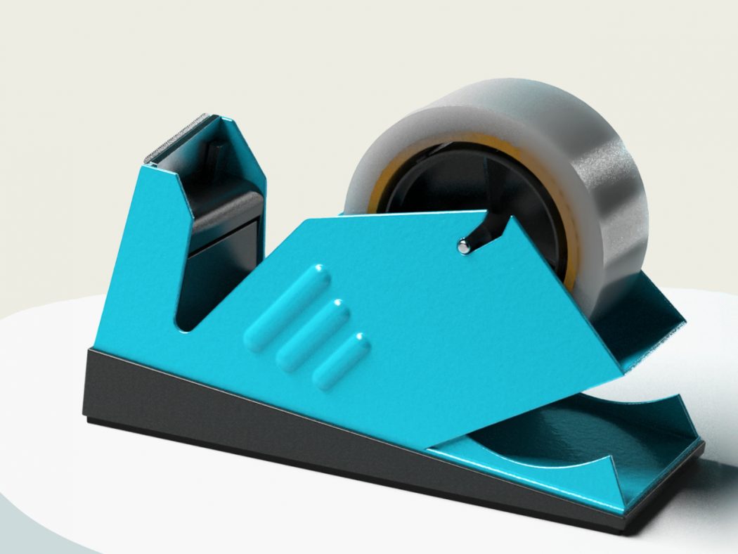 Turquoise tape dispenser with a large roll of tape on a white curved surface, ready to cut tape.
