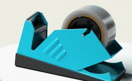 Turquoise tape dispenser with a large roll of tape on a white curved surface, ready to cut tape.