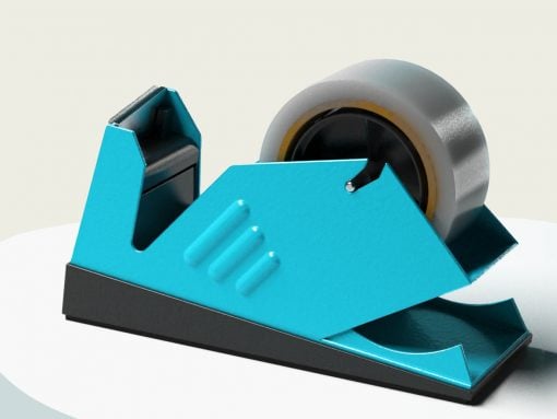 Turquoise tape dispenser with a large roll of tape on a white curved surface, ready to cut tape.