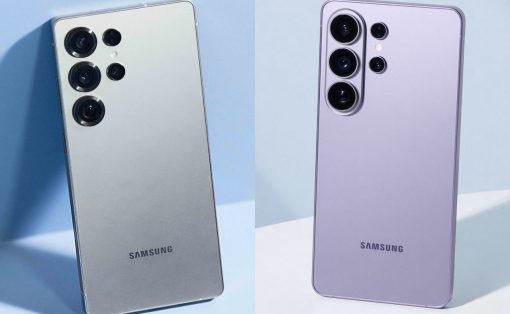 Two Samsung phones shown from the back with quad-camera modules, silver on the left and lavender on the right, against a light blue background.