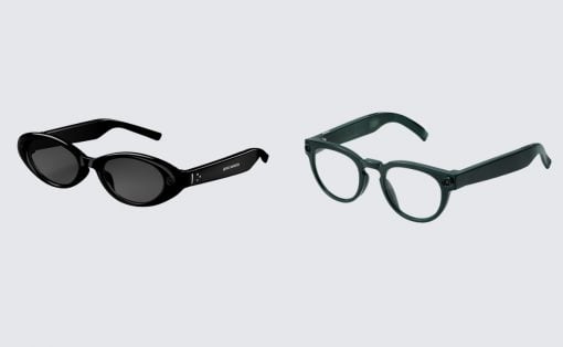 Pair of black oval sunglasses on the left and green round-frame eyeglasses on the right, shown on a light gray background.