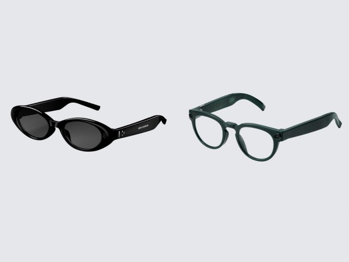 Pair of black oval sunglasses on the left and green round-frame eyeglasses on the right, shown on a light gray background.