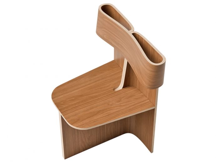 Contemporary wooden chair with looped, curved armrests forming a sculptural design.