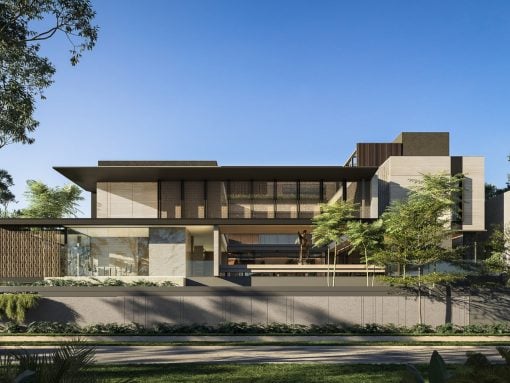 Modern two-story building with large glass walls, beige stone and wood panels, and a flat overhanging roof, set behind a low concrete wall with greenery