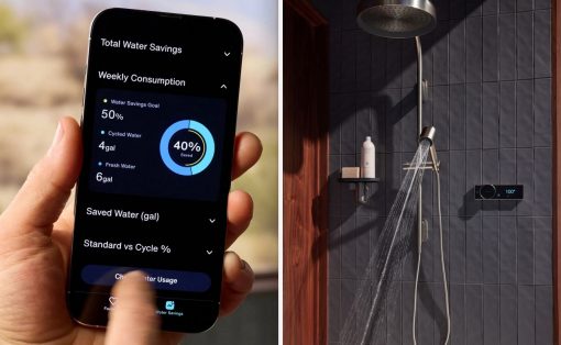 Side-by-side image: a hand holding a smartphone showing a water-saving app with charts; a modern rainfall shower with a digital control on a dark tiled wall.