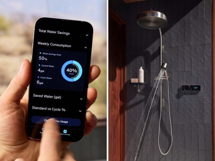 Side-by-side image: a hand holding a smartphone showing a water-saving app with charts; a modern rainfall shower with a digital control on a dark tiled wall.